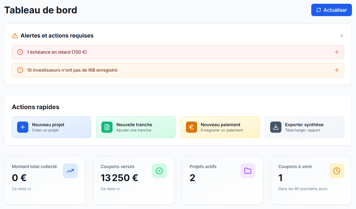 Tableau de bord Finixar