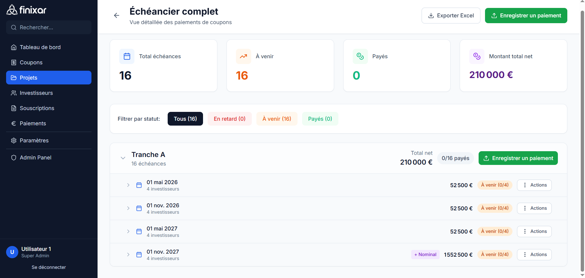Calendrier d'échéancier Finixar affichant les paiements à venir avec calculs automatiques et export Excel